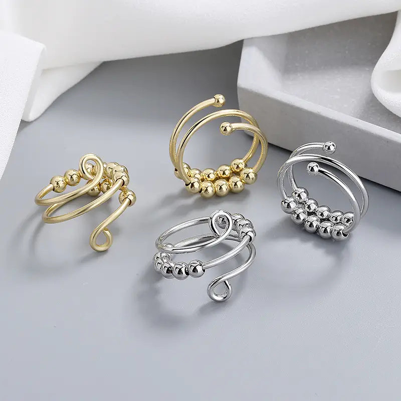 Stainless Steel Spinning Anxiety Relief Ring Open Adjustable Size Creative Anxiety Beads Fidget Ring Gift For Women